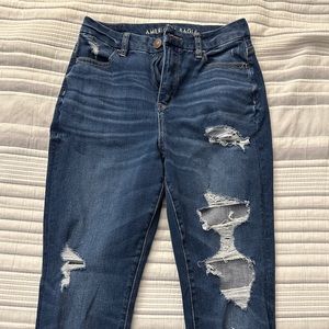 American Eagle Dark Blue Skinny Jeans with Rips (Size 4)